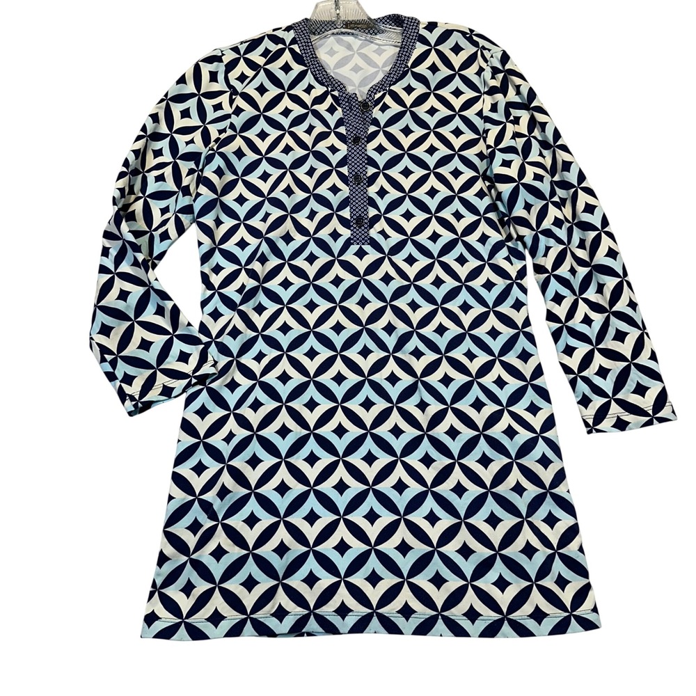 J.McLaughlin Tunic Top Womens XS Blue Geometric Medallion Preppy Coastal Henley